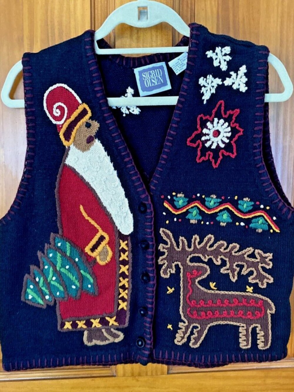Vintage Sigrid Olsen Knit Ramie Christmas Santa Claus Reindeer Vest Women’s M
